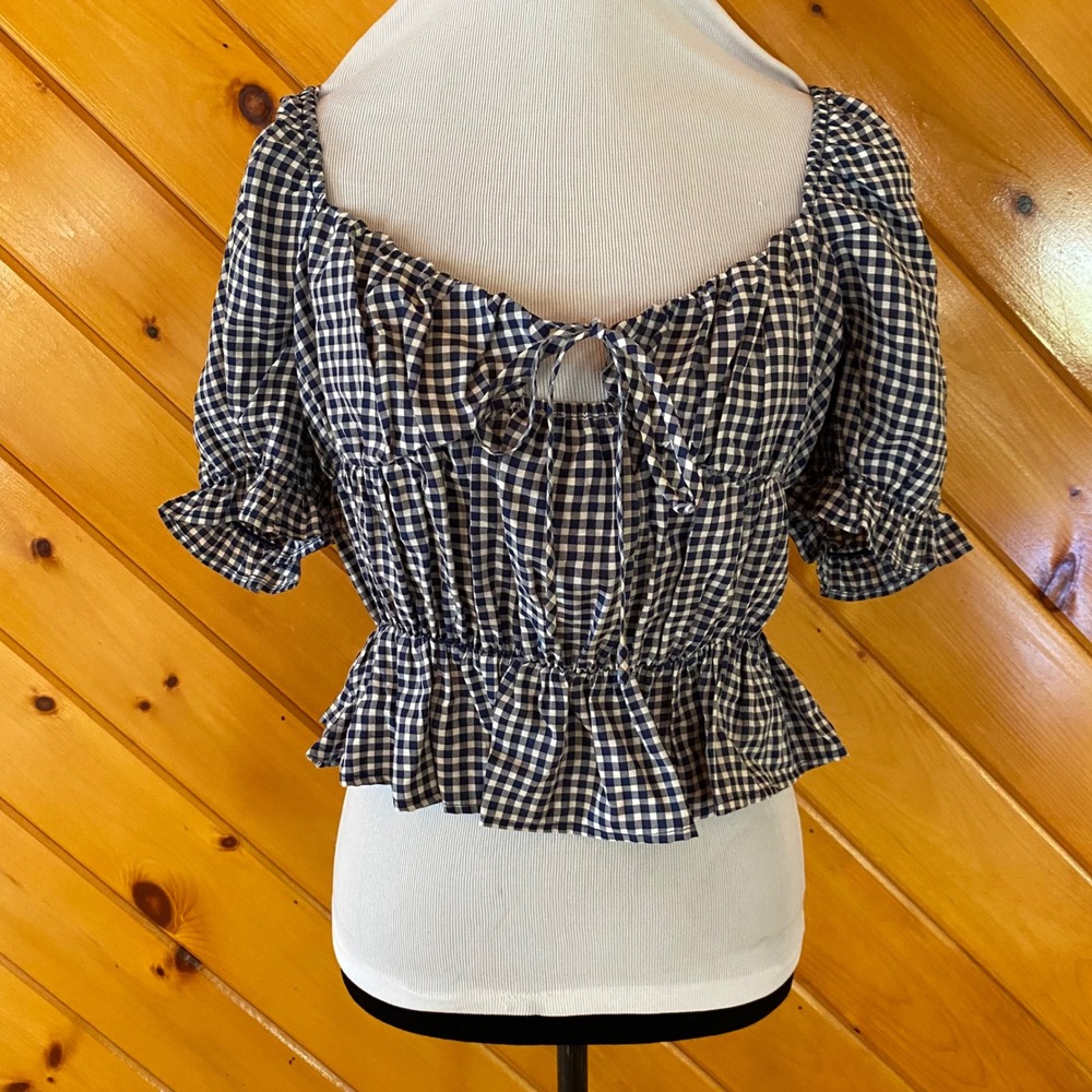 Elodie Navy Crop Gingham Puff Sleeve Smocked Peplum Top NWT Size Large